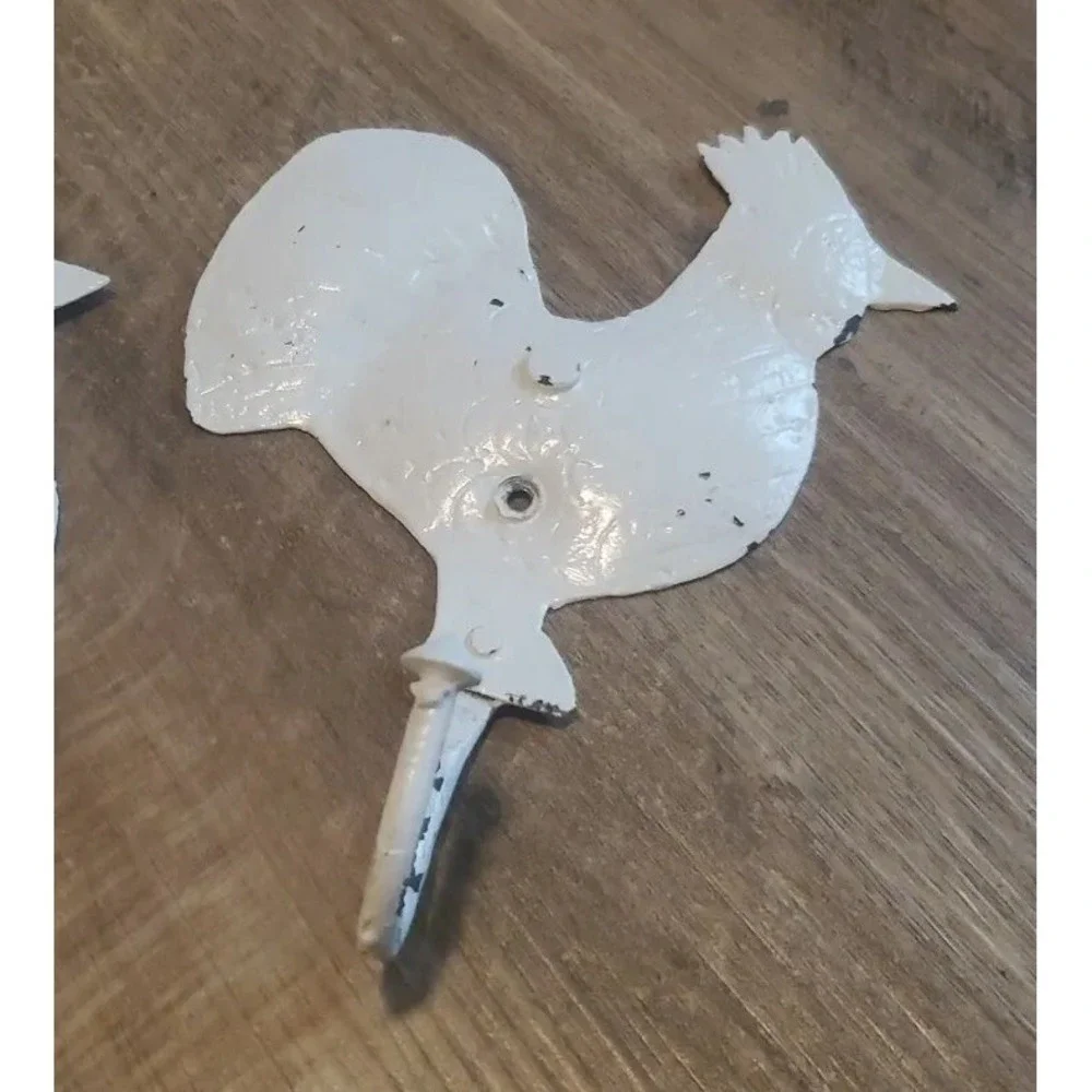 Set of 5 Rooster Chicken Hooks Rustic Distressed White Decor Farmhouse *READ
